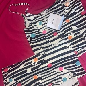 CHANEL Black and White Striped Swim Set with Colorful Dots